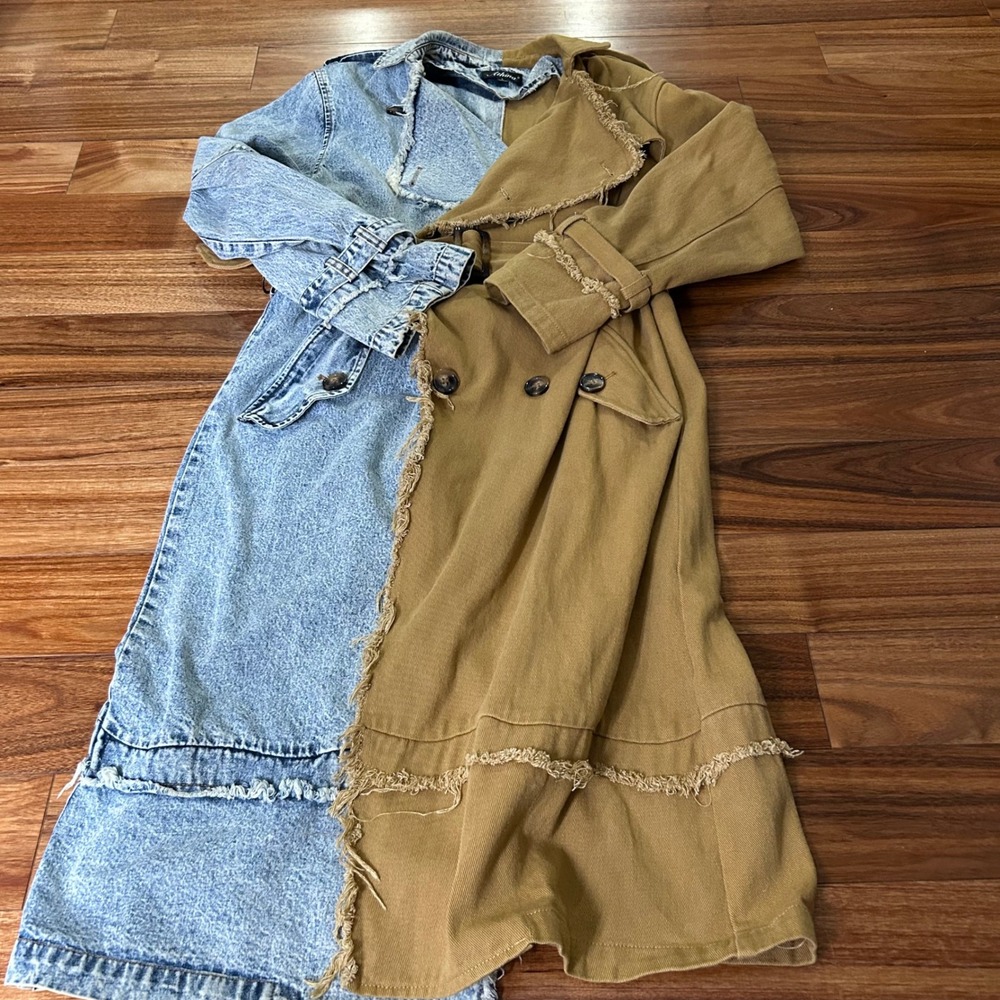 Athina Womens color block Trench Coat Denim and Tan Canvas Frayed Edges Belted - Picture 8 of 11
